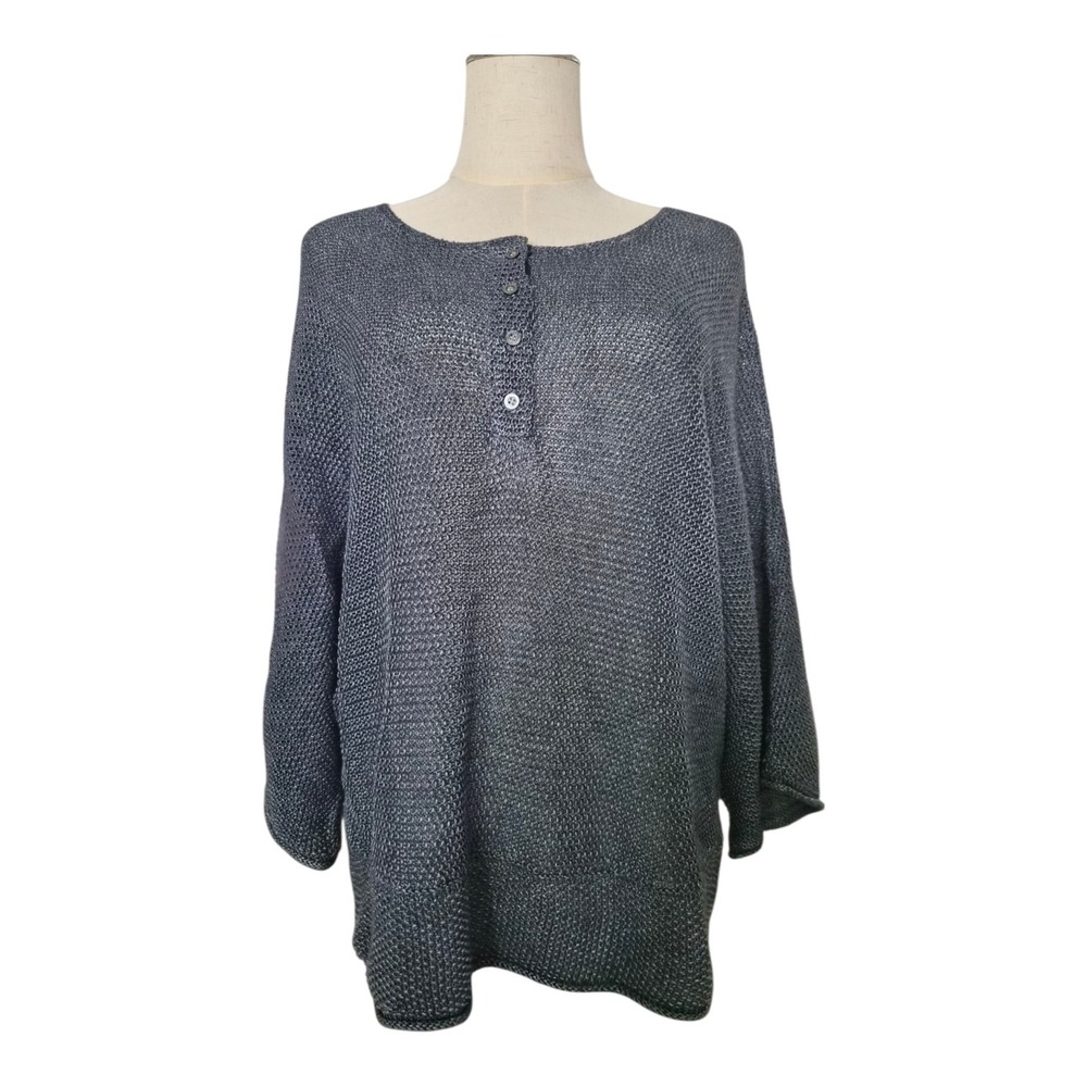 Poetry 100% Linen Open Knit Henley Sweater Gray Women's US 8/10 Lagenlook